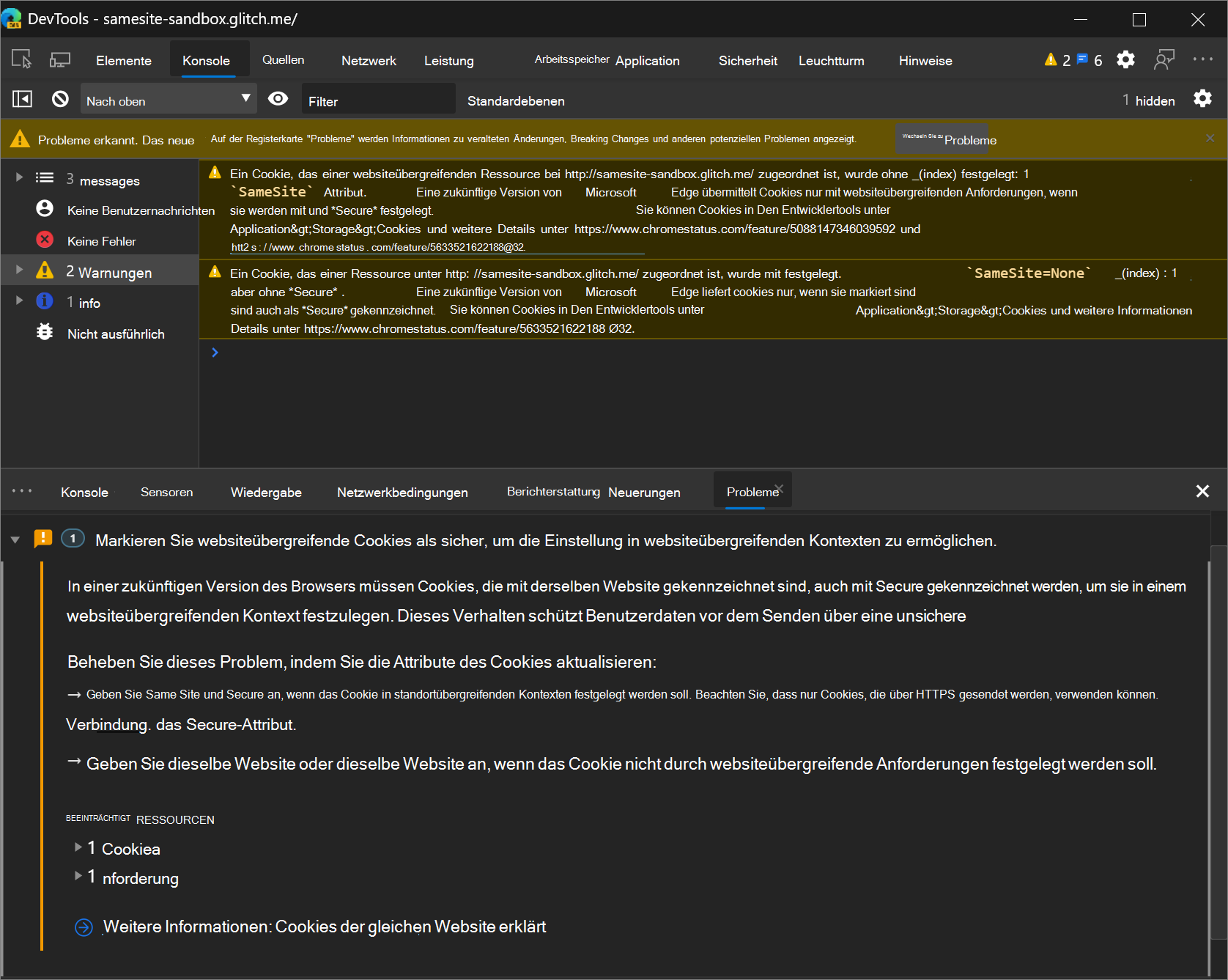Das Problemtool im DevTools Drawer