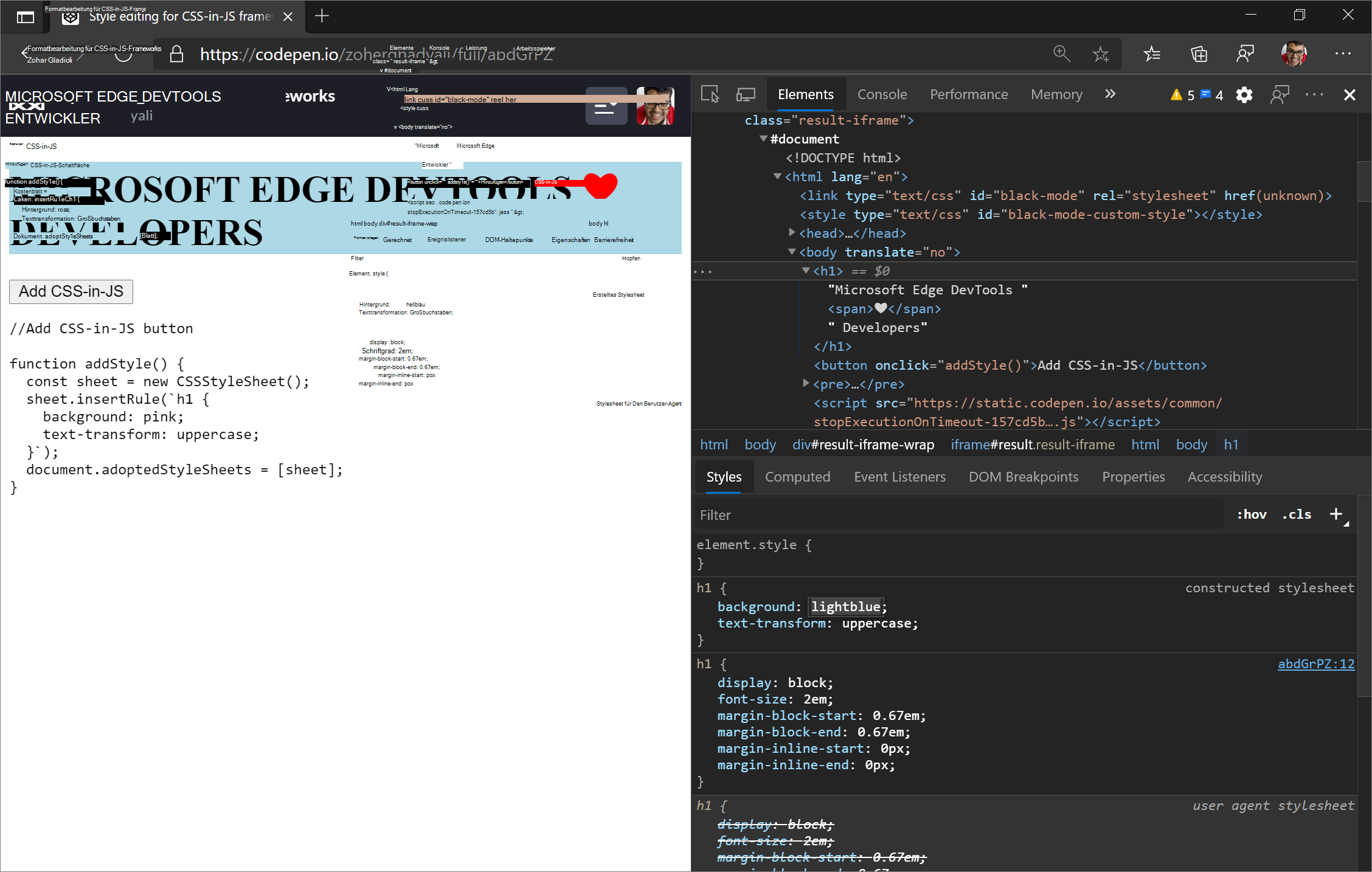 Ändern der Hintergrundeigenschaft der mit CSSStyleSheet hinzugefügten h1-Formatvorlagen von Rosa in Hellblau