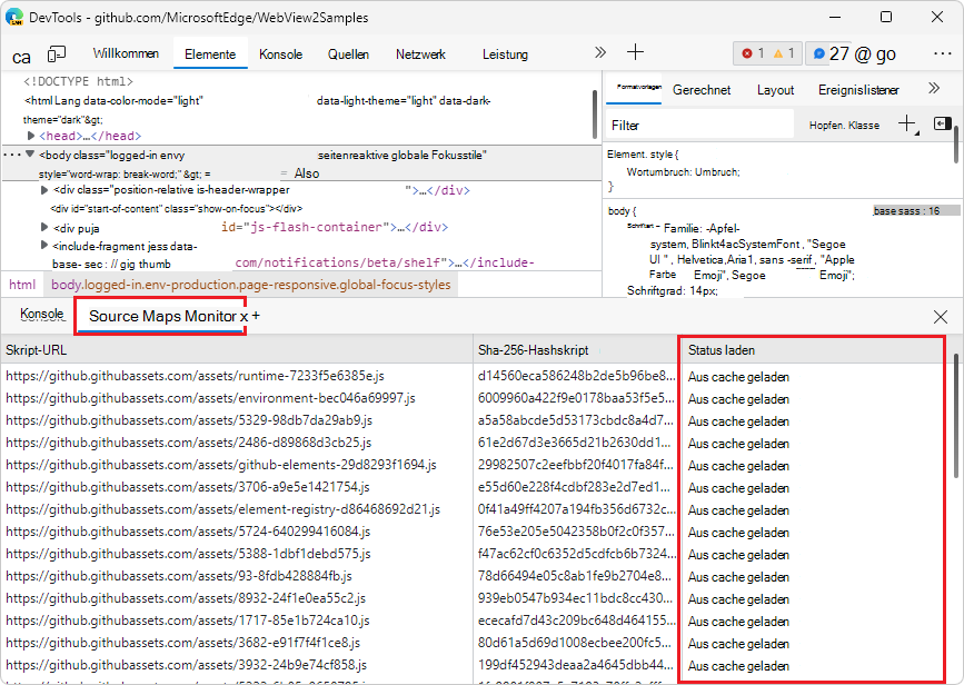 Monitortool für Quellzuordnungen, beim zweiten Laden
