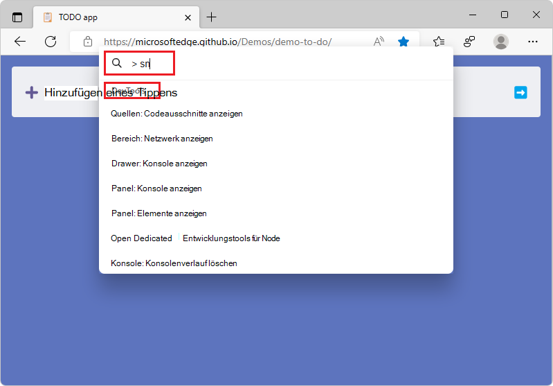 Eingabe der > Microsoft Edge-Befehlspalette zum Auswählen von DevTools-Befehlen