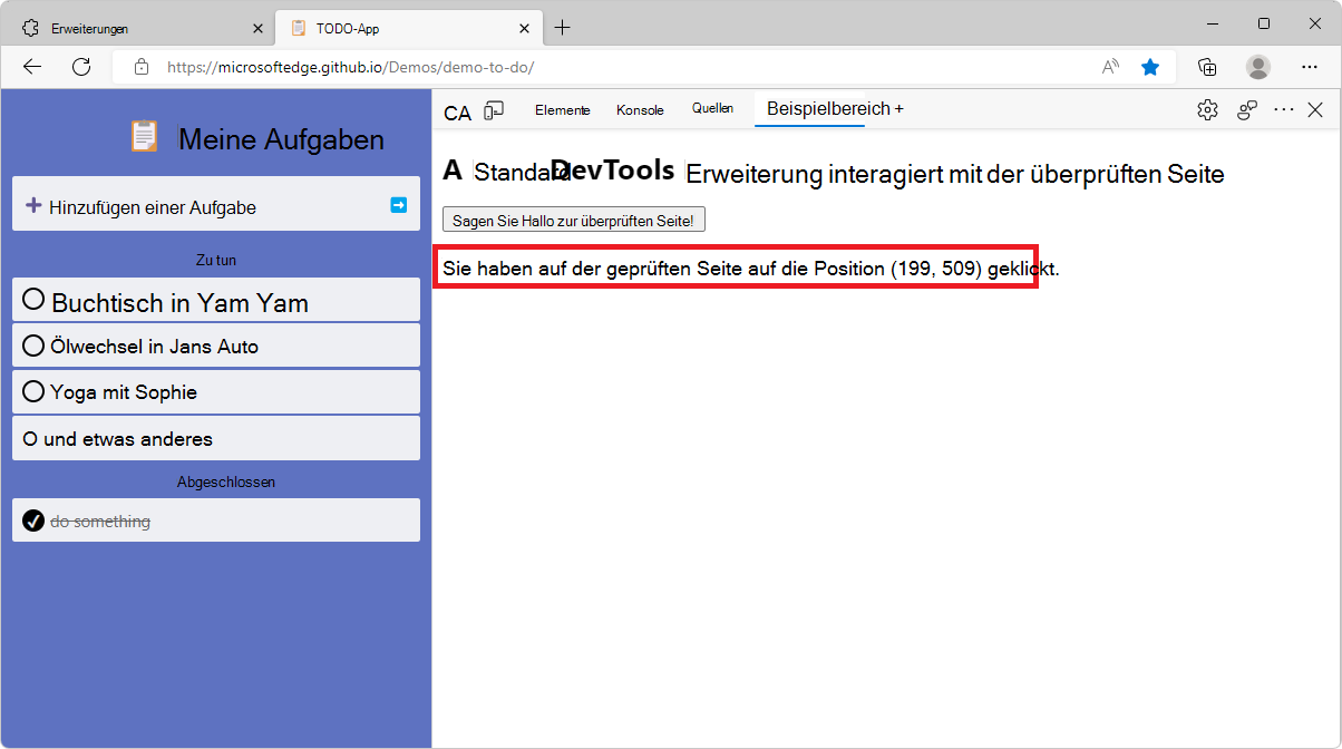 Der Beispielbereich in DevTools mit der Meldung der angeklickten Position