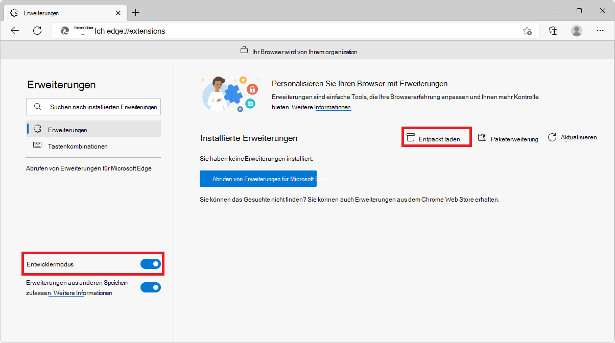 Die seite edge://extensions in Microsoft Edge mit den Schaltflächen 