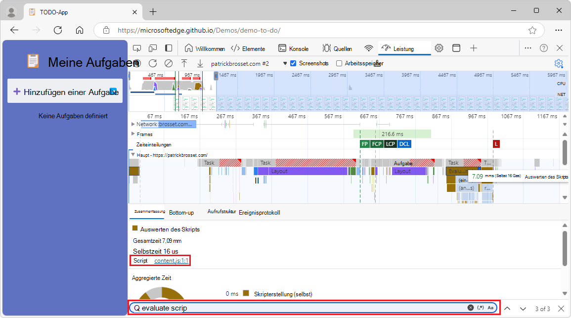 Das Ereignis Evaluate script performance due to the extension's content script running during the page load