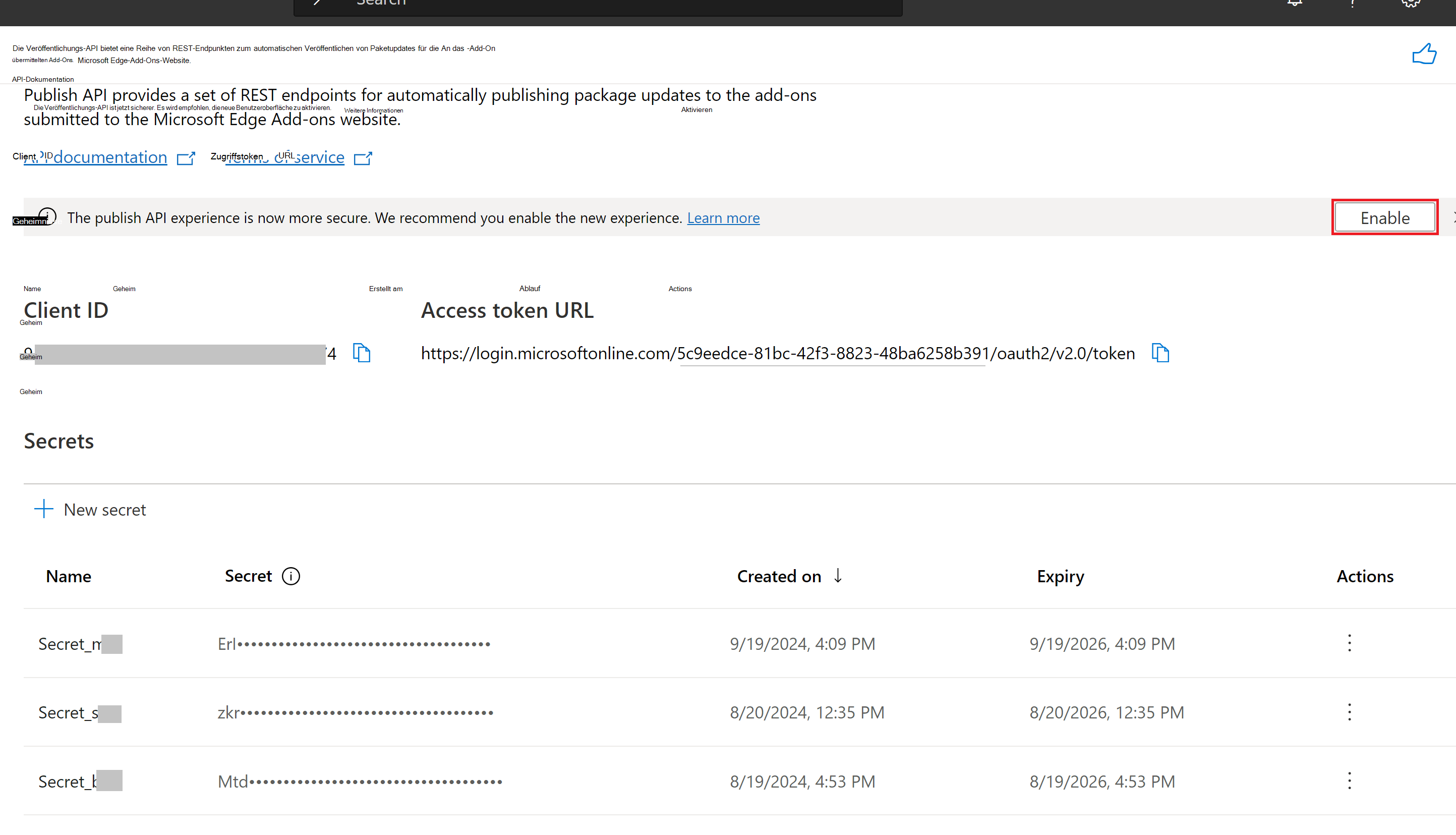 Aktivieren der API im Partner Center für v1.1