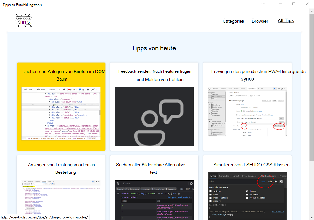 Die DevTools-Tipps-App