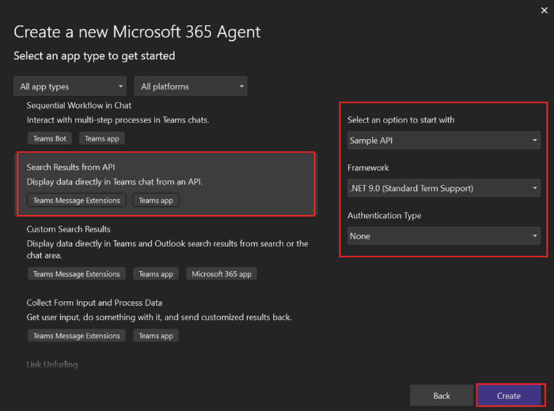 Screenshot: Suchergebnisse aus API, Neuer API, OpenAPI-Beschreibungsdokument und Optionen zum Erstellen eines neuen Projekts in Visual Studio