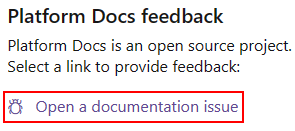 Screenshot: Option zum Öffnen eines Dokumentationsproblems für Plattformdokumente