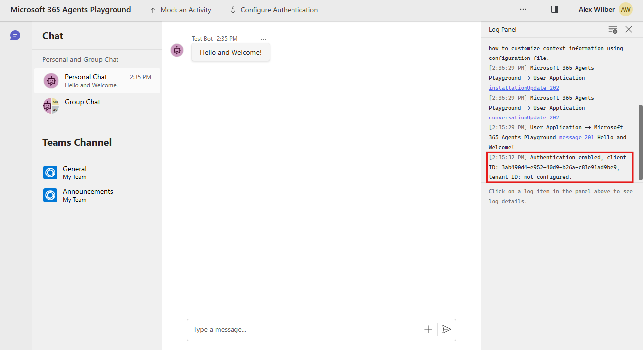 Screenshot: Meldung des Protokollbereichs zur erfolgreichen Konfiguration der Authentifizierungseinstellungen.