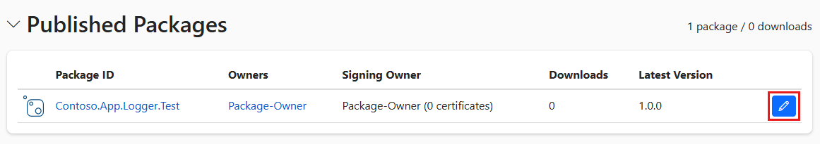Screenshot that shows the Edit icon for a package listing on nuget.org.