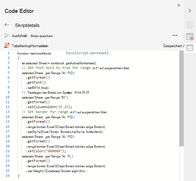 Der Code-Editor, der den in diesem Tutorial verwendeten Skriptcode anzeigt.
