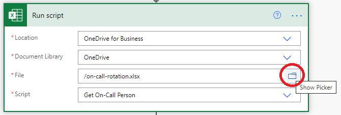 Die Power Automate-Aktion Skript ausführen mit der Option Auswahldateibrowser anzeigen.