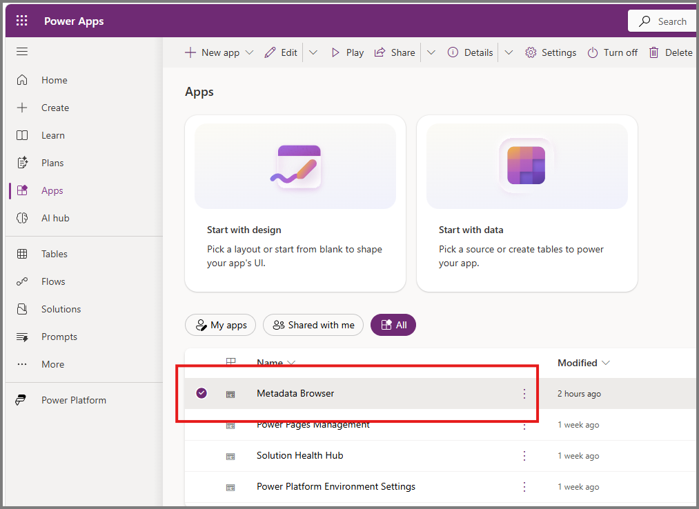 Screenshot von Power Apps, in dem die Liste 