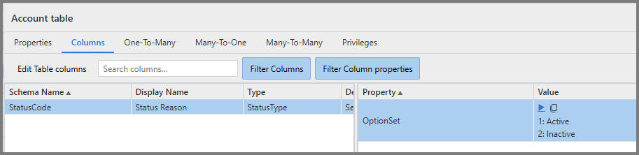 Screenshot des Tabellenspalten-Editors, der den Optionssatz für Statusgründe mit den Werten 1: 