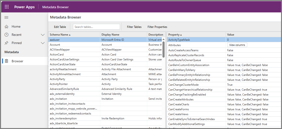 Screenshot des Metadatenbrowsers in Power Apps mit Tabellenraster und Eigenschaften der ausgewählten Tabelle.