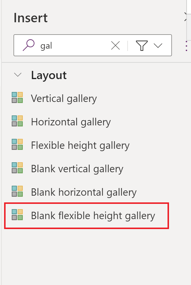Screenshot von Power Apps Studio mit hervorgehobener leerer flexibler Höhengalerie.