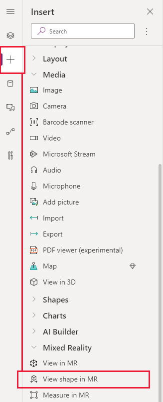 Ein Screenshot der Registerkarte „Einfügen“ in Power Apps Studio, der das Steuerelement „Form in MR anzeigen“ zeigt.