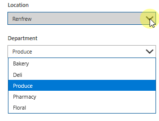 Öffnen Sie die Liste der Standorte, ändern Sie die Auswahl von Renfrew zu Pembroke, und öffnen Sie anschließend die Liste der Abteilungen.