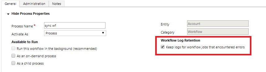 Option zur Protokollierung fehlgeschlagener Workflows beibehalten.