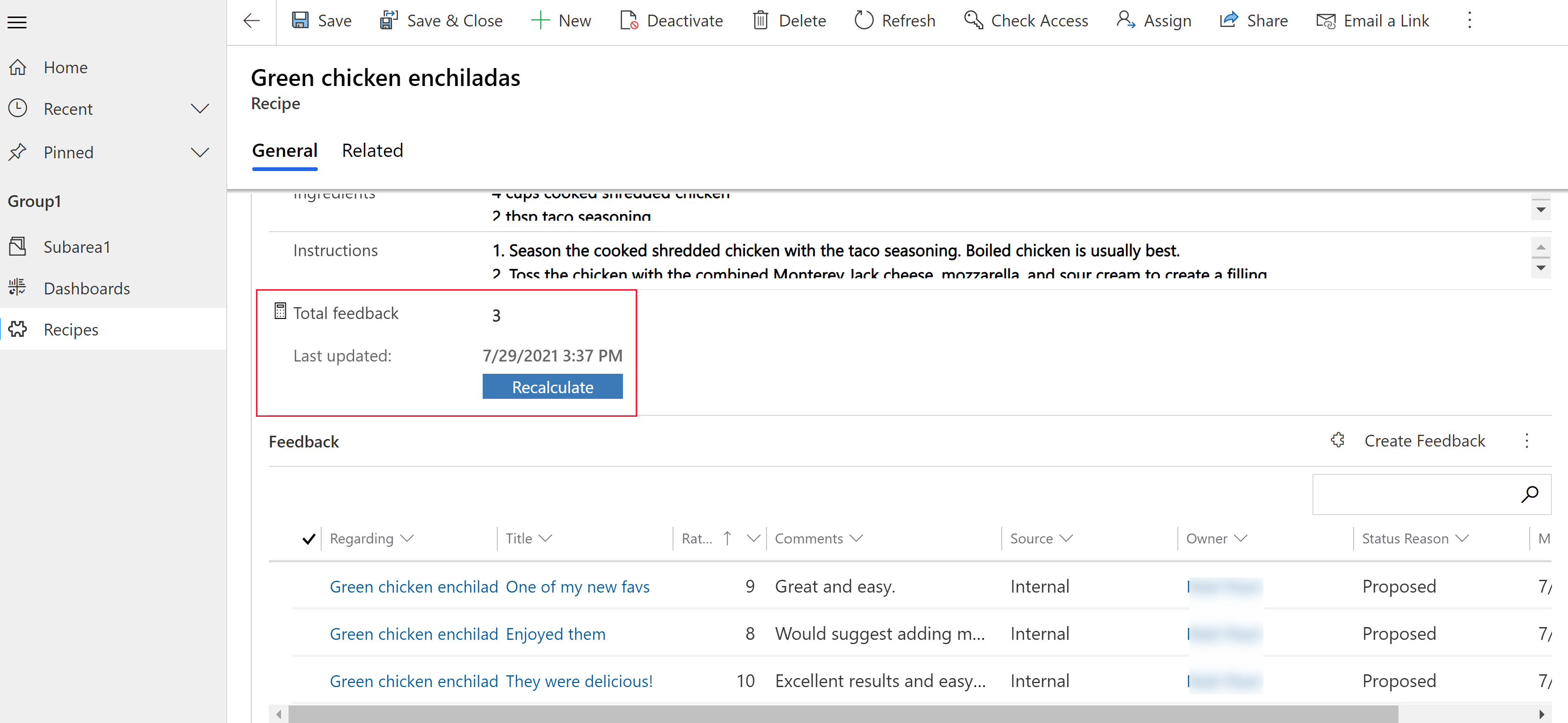 Sammelspalte, die die Gesamtzahl des Feedbacks für den Datensatz anzeigt