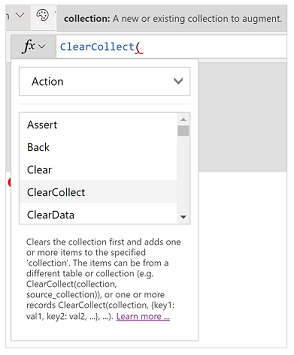 Funktion ClearCollect() ausgewählt.