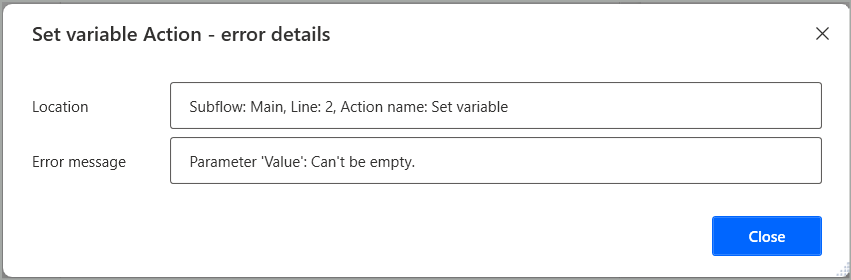 Screenshot des Entwurfszeit-Fehlerdialogs.
