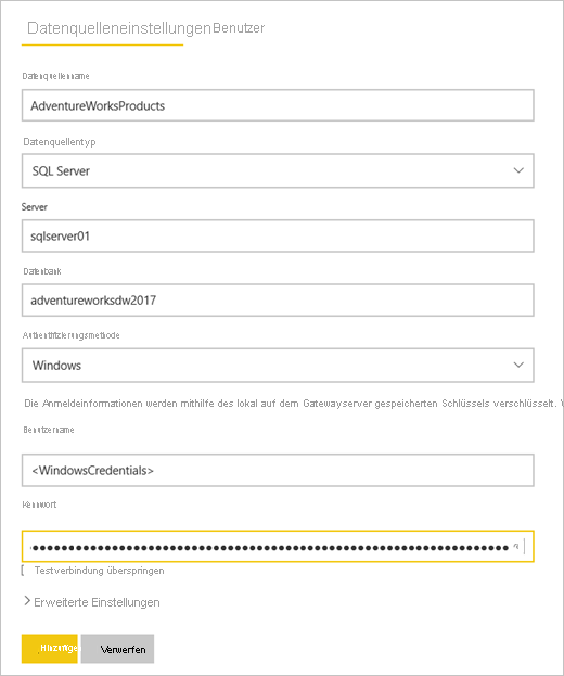 Screenshot der Einstellungen für die neue Verbindung.