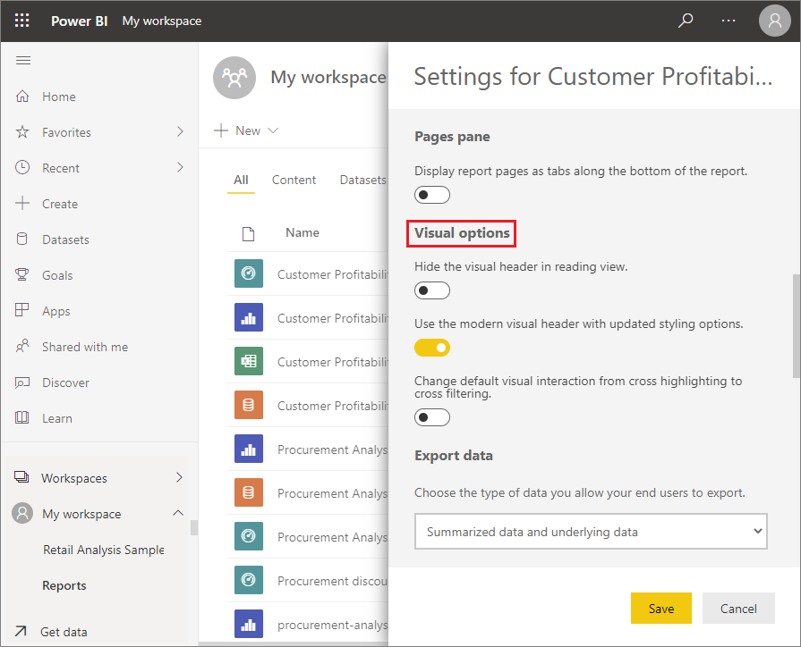 Screenshot der Einstellungen für einen Bericht im Power BI-Dienst.