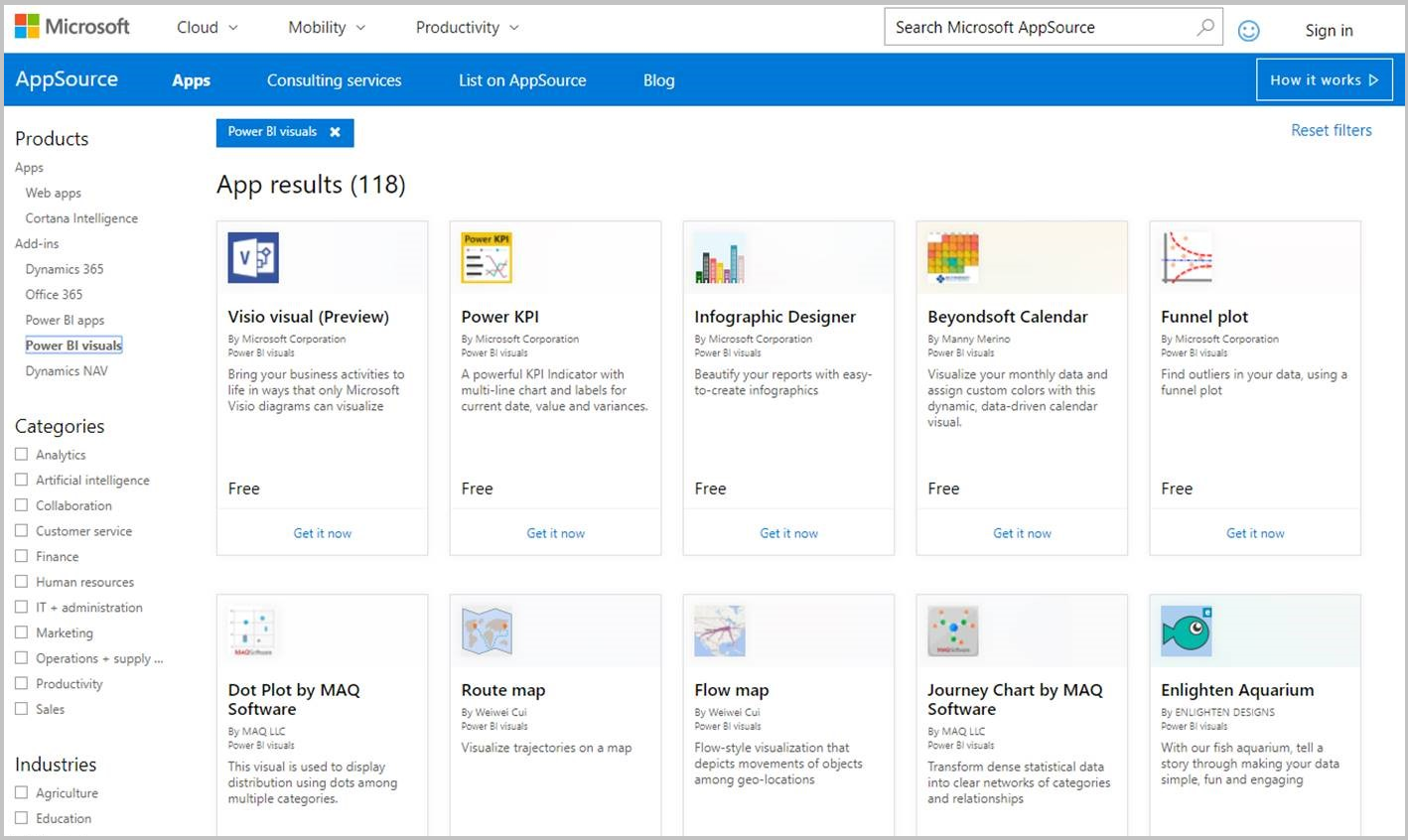 Screenshot von Power BI-Visualisierungen in AppSource.