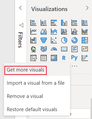 Screenshot: der Bereich „Power BI-Visualisierungen“ mit hervorgehobener Option „Weitere Visuals abrufen“