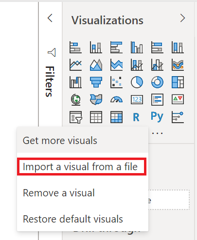 Screenshot: der Bereich „Power BI-Visualisierungen“ mit hervorgehobener Option „Visual aus Datei importieren“