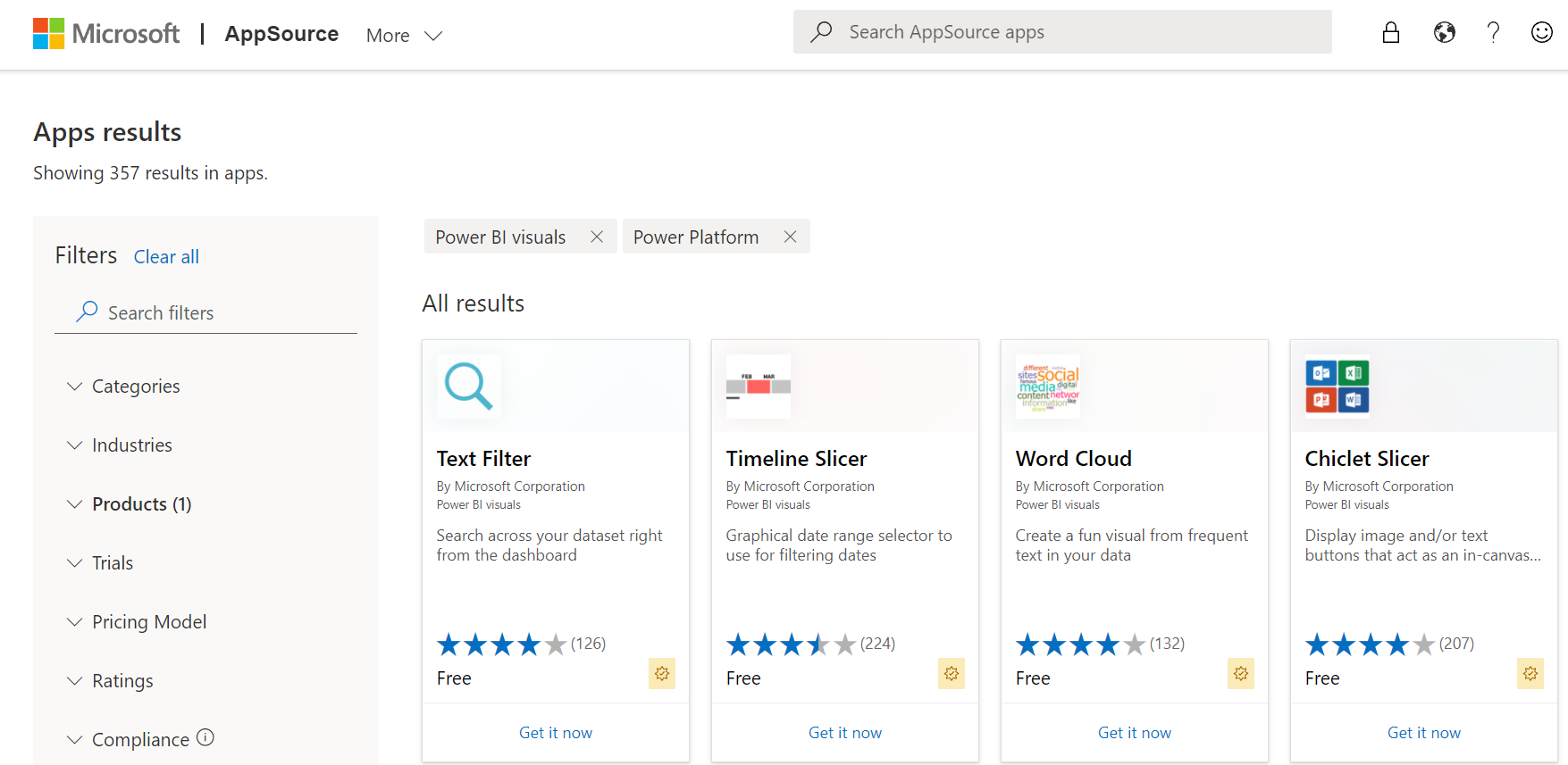 Screenshot von Power BI-Visualisierungen in AppSource.