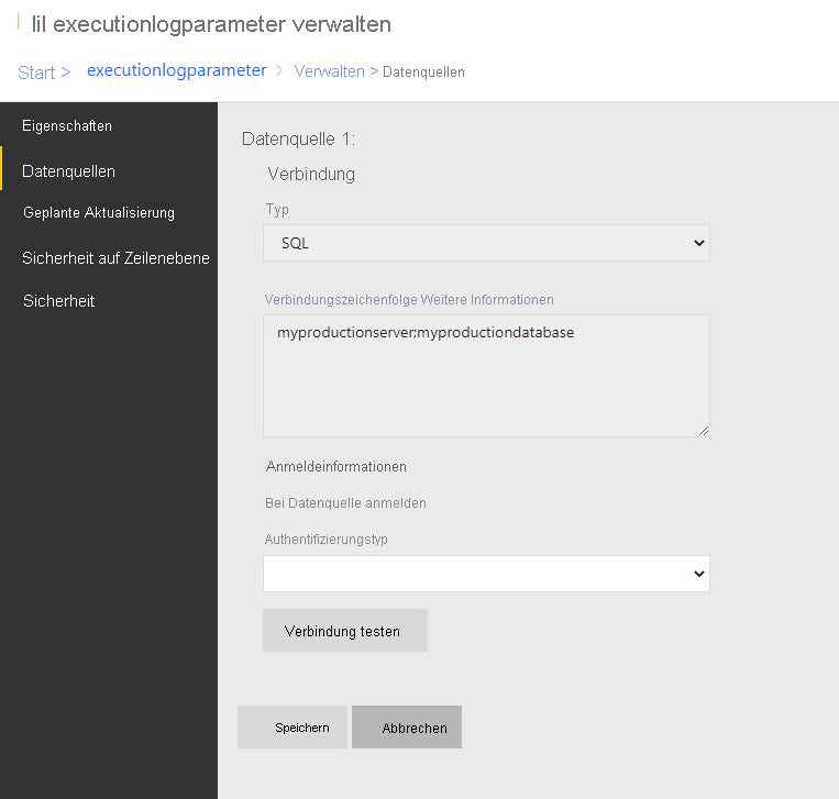 Screenshot: Festlegen von Anmeldeinformationen für den aktualisierten Server und die aktualisierte Datenbank.