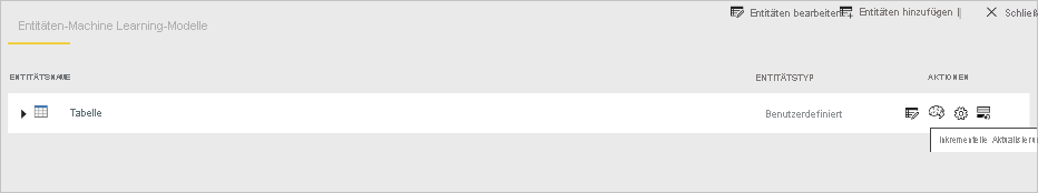 Screenshot, der die Aktion zur inkrementellen Aktualisierung für eine Tabelle hervorhebt.