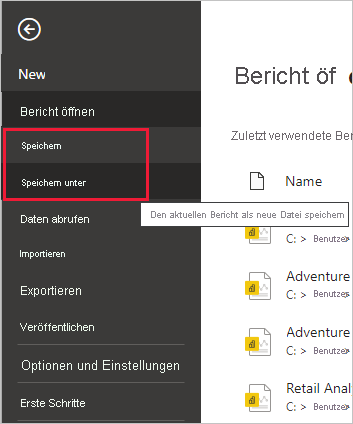 Screenshot von Power BI Desktop mit der Registerkarte „Datei“ im „Power Query-Editor“. Die Optionen „Speichern“ und „Speichern unter“ sind hervorgehoben.