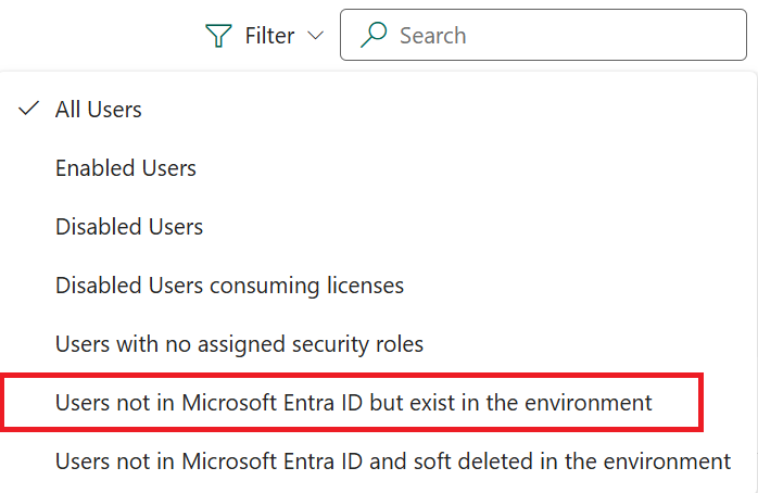 Wählen Sie Filter aus dem oberen Menü für Benutzer in Entra aus.