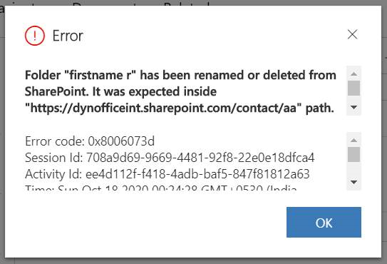 Fehlermeldung wegen umbenannter OneNote-Datei im Dokumentraster.