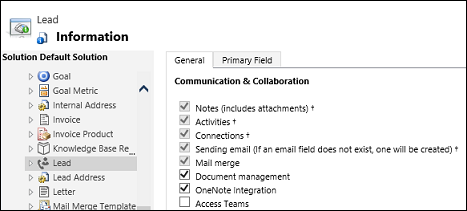 Wählen Sie die OneNote-Integration für eine Entität aus.