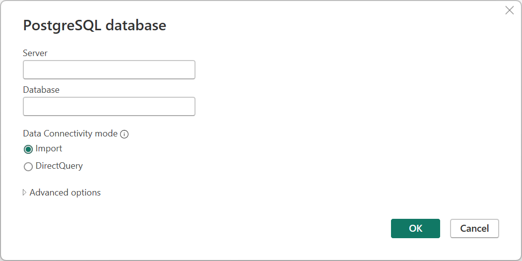 Screenshot des PostgreSQL-Verbindungs-Generators in Power BI.