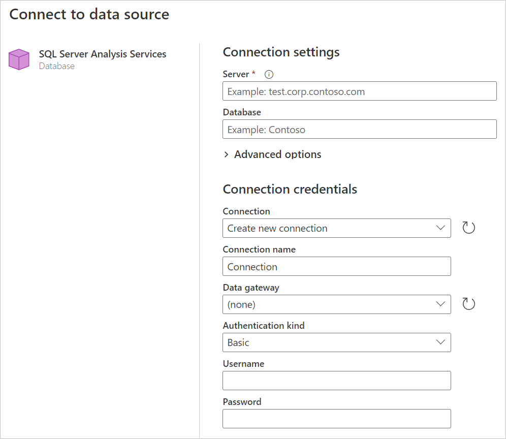 Screenshot des SQL Server Analysis Services Datenbankverbindungs-Generators in Power Query Online.