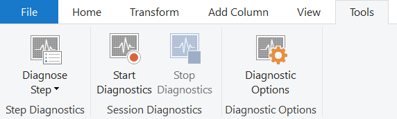 Screenshot der Funktionen zur Abfragediagnose im Menüband 'Power Query-Tools'.