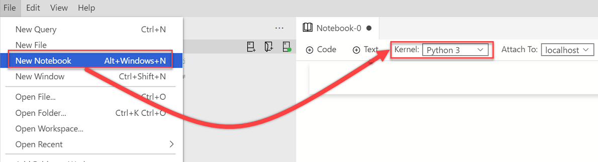 Screenshot: Menüoption „Neues Notebook“ und Festlegen des Kernelwerts auf Python&nbsp;3