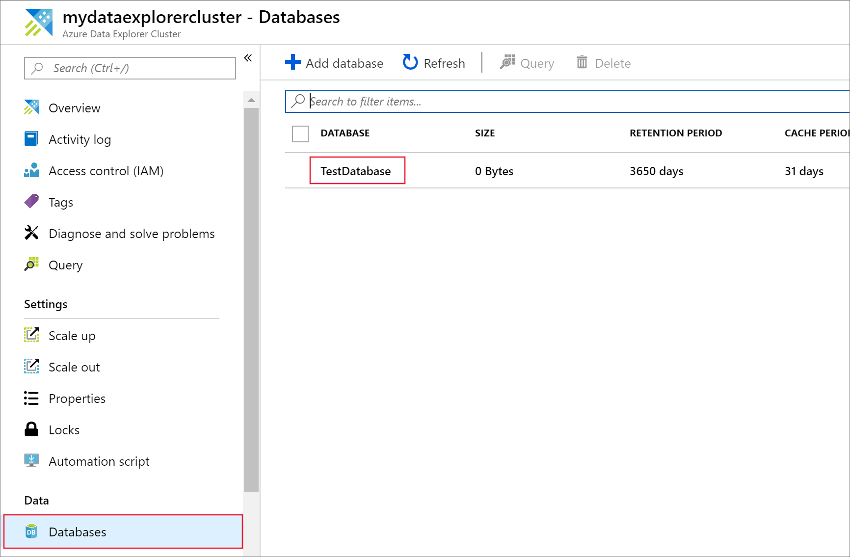Screenshot des linken Menüs der Azure Data Explorer Web-UI, das den ausgewählten Eintrag 