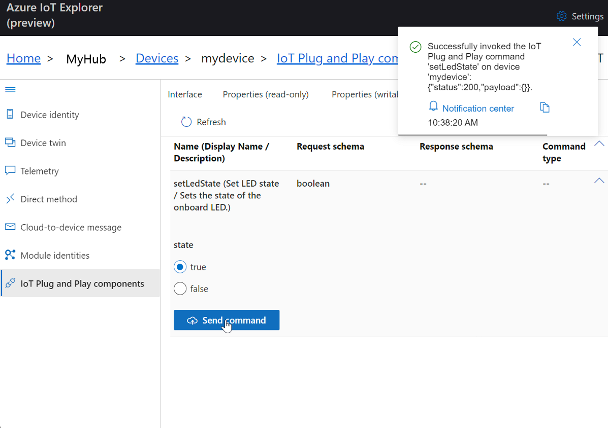Screenshot: Aufrufen der setLedState-Methode in IoT&nbsp;Explorer