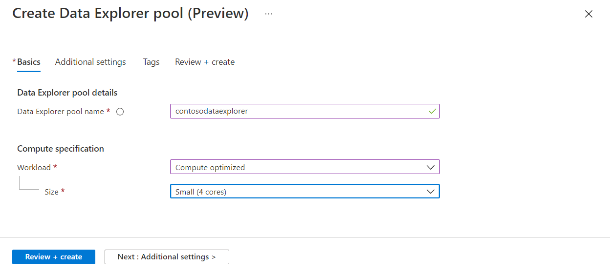 Grundlagen für das Azure-Portal – neuer Daten-Explorer-Pool