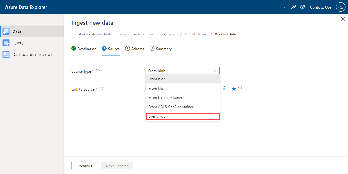 Screenshot des Azure Data Explorer Ein-Klick-Assistenten für das Importieren von Daten, der die Auswahl des Quelltyps zeigt.