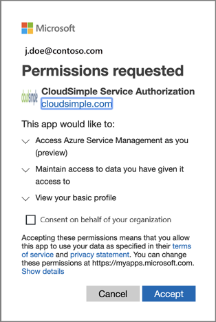 Zustimmung zur CloudSimple-Dienstautorisierung – globaler Administrator