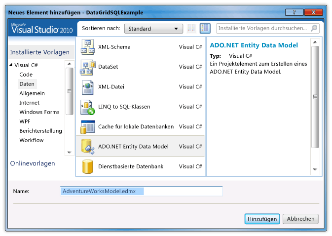 ADO.NET Entity Data Model auswählen