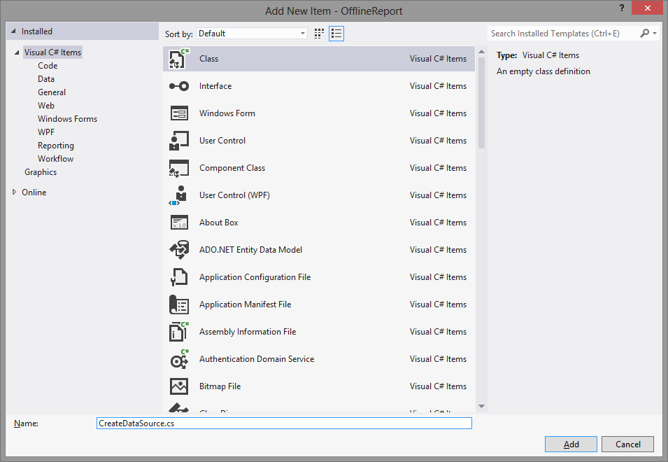 Plat_ExportReport_SelectClass Visual Studio, Add a Class, select Visual C# class