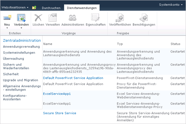 Screenshot der Seite "Dienstanwendungen verwalten"