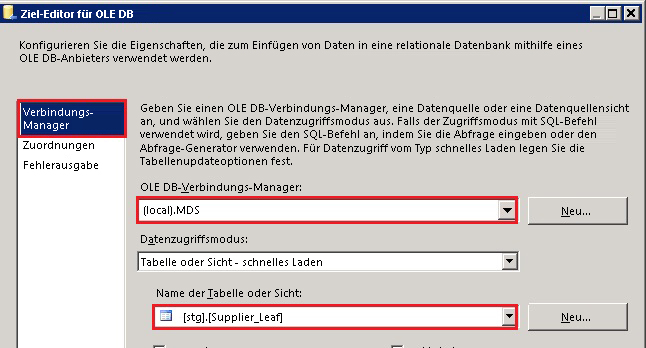 Ziel-Editor für OLE DB
